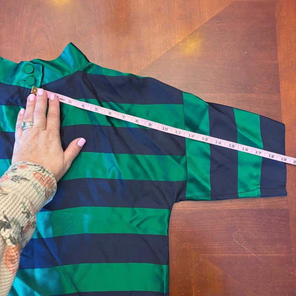 Agnes B Paris | Size 2 | Green Navy Blue Striped | Mock Neck Blouse Boxy Top - Picture 9 of 11